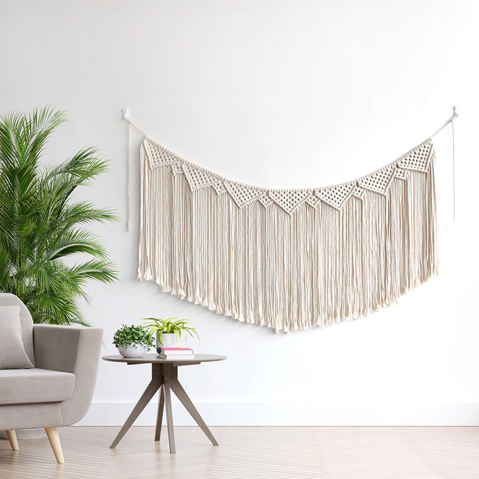 Bohemian Wall Hanging Tapestry, Hand Woven Cotton, Beige with Lace Fringe, 43.31x19.69 inch, Living Room Office Home Decor, Wedding Party Background, Housewarming Gift